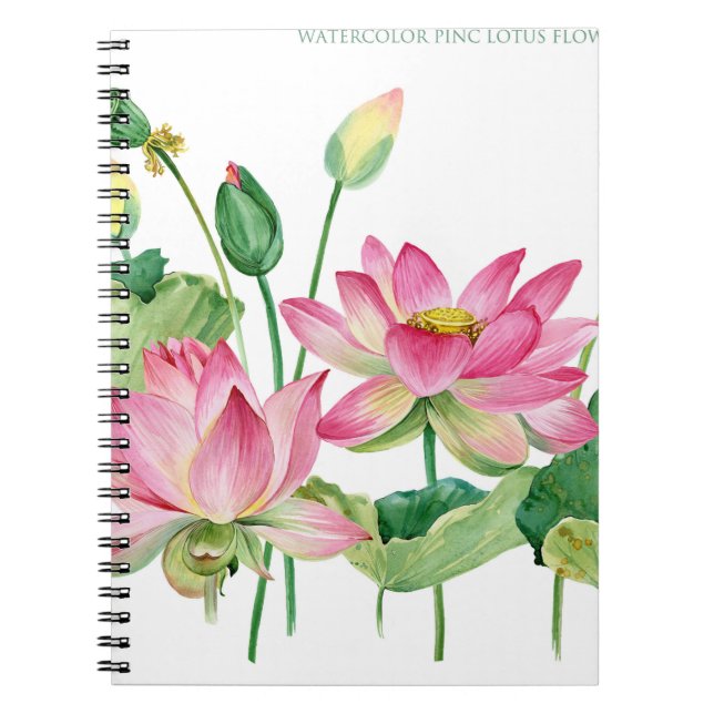 Caderno Espiral Borda de Aquarela do Lotus Rosa (Frente)
