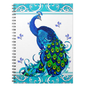 Caderno Espiral Borda de espiral azul e Design de Peacock