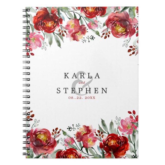Caderno Espiral Borda de flores de jardim vermelho profundo (Frente)
