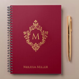 Caderno Espiral Bordô Monograma Vintage Crista Nome Falso Ouro
