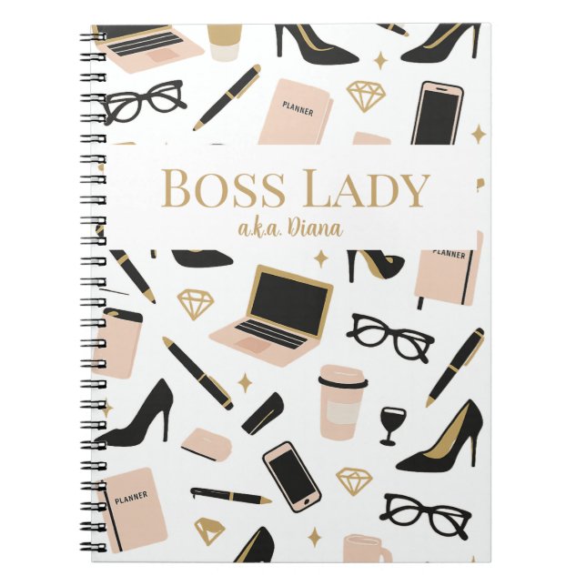 Caderno Espiral Boss Lady Notebook – Custom Name Gift for Women (Frente)