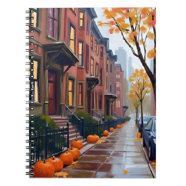 Caderno Espiral Boston Autumn Brownstones Pumpkin Watercolor (Frente)