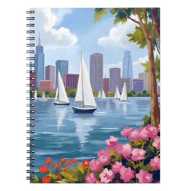 Caderno Espiral Boston Harbor Spring | Boat Bay City Skyline (Frente)