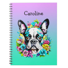 Caderno Espiral Boston Terrier cercado por flores personalizadas