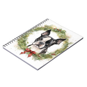 Caderno Espiral Boston Terrier Christmas Wreath Festivo Pup