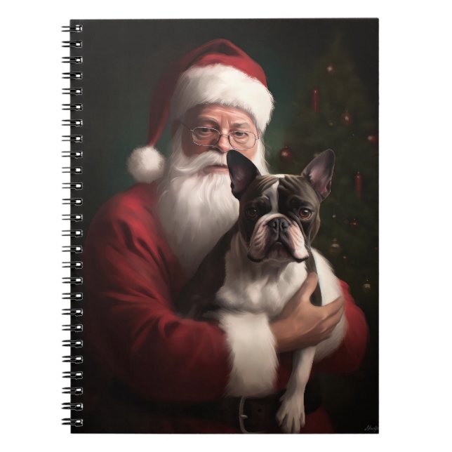 Caderno Espiral Boston Terrier com Papai Noel Natal Festivo (Frente)