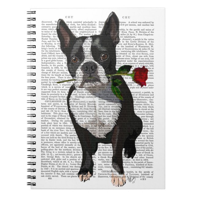 Caderno Espiral Boston Terrier com Rosa em Boca (Frente)