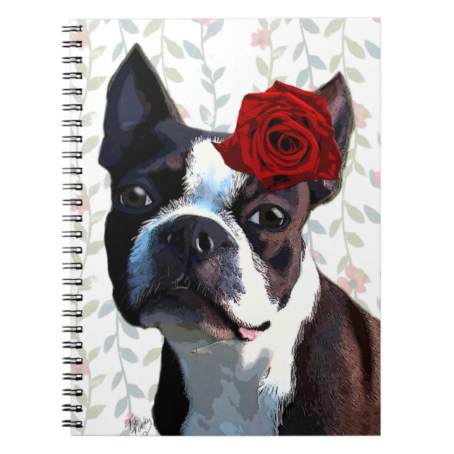 Caderno Espiral Boston Terrier com Rosa no cabeçalho 2 (Frente)