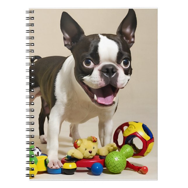 Caderno Espiral Boston Terrier Dog Brincando com Brinquedos (Frente)