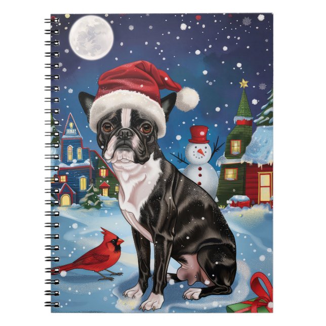 Caderno Espiral Boston Terrier Dog Winter Wonderland Natal Joy (Frente)