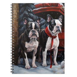 Caderno Espiral Boston Terrier Nevado Trenó Natal Decoração de Nat