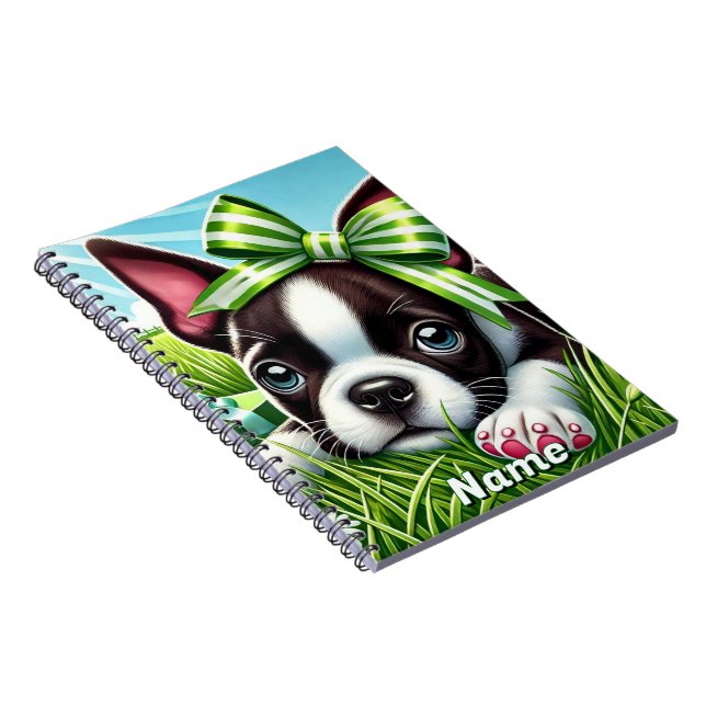 Caderno Espiral Boston Terrier Puppy personalizada com Arco verde (Lado Direito)