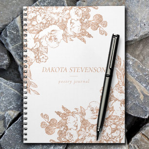 Caderno Espiral Botânica Elegante Floral em Rosa Cobre Dourado P