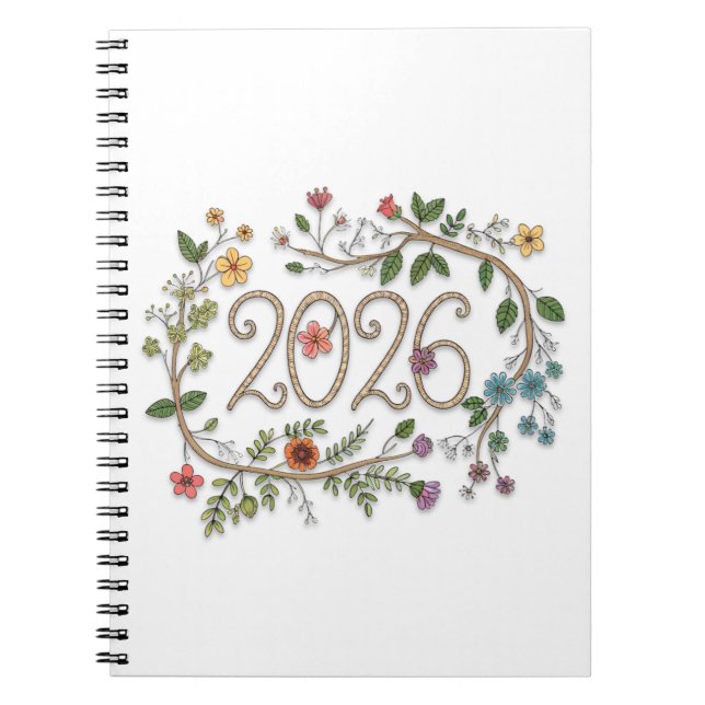 Caderno Espiral Botanical 2026 Typography with Flowering Vines  (Frente)