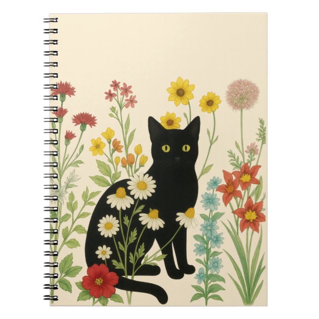 Caderno Espiral Botanical Nature – Black Cat in Wildflower Garden (Frente)