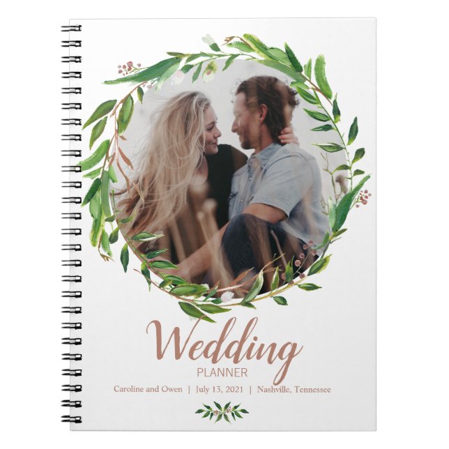 Caderno Espiral Botânico Laurel Wreath Photo Wedding Planner (Frente)