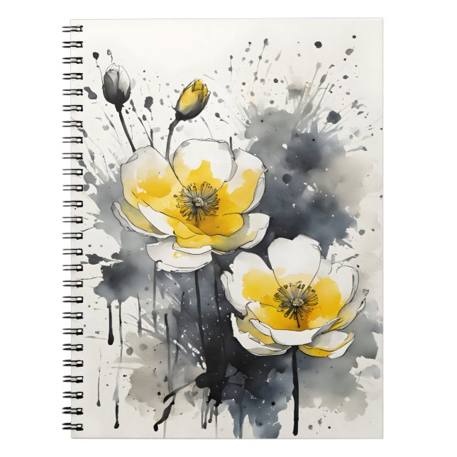 Caderno Espiral Botão-de-ouro - Flores aquarela (Frente)