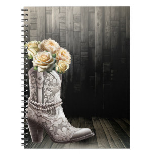 Caderno Espiral Botas Cowgirl com Renda e Pérolas Flores Brancas R