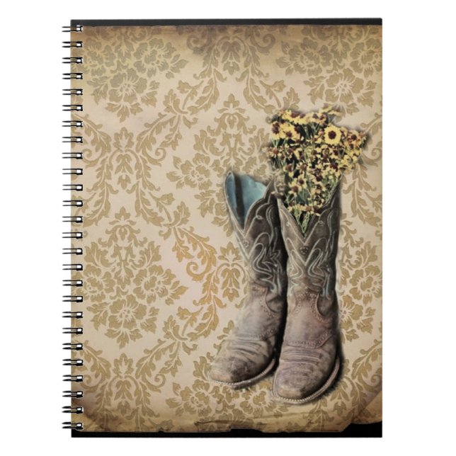 Caderno Espiral Botas de vaqueiro do oeste de Damask (Frente)