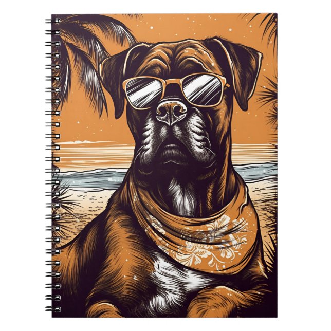 Caderno Espiral Boxer alemão com óculos de sol numa praia tropical (Frente)