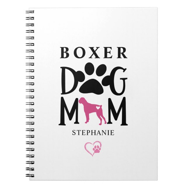 Caderno Espiral Boxer Dog Mãe Pawprint Heart Name Personalizado (Frente)