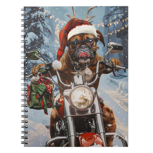 Caderno Espiral Boxer Dog Riding Motorcycle Christmas (Frente)