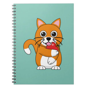 Caderno Espiral Branca De Gato Branco, Comendo Maçã Vermelha