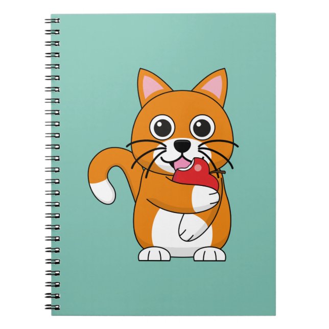 Caderno Espiral Branca De Gato Branco, Comendo Maçã Vermelha (Frente)