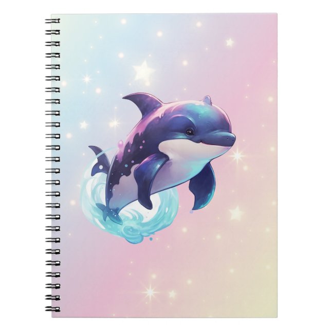 Caderno Espiral Branca, rosa e azul, assassina em Kawaii Orca (Frente)