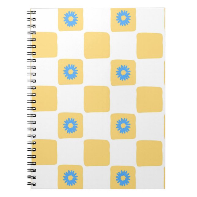 Caderno Espiral Branco Amarelo Verificado Com Padrão De Flor Azul (Frente)