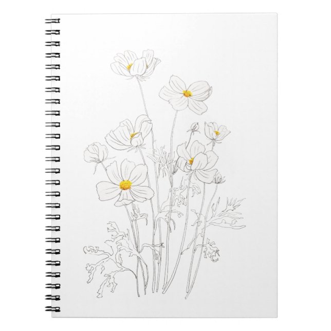 Caderno Espiral branco cosmos flores tinta e aquarela (Frente)