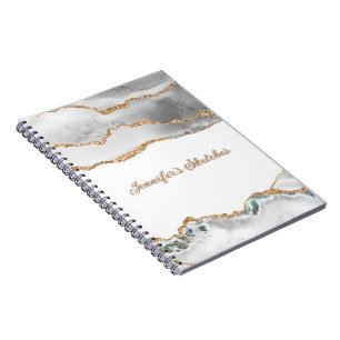 Caderno Espiral Branco e Dourado Agata Glitter Personalizado Femin