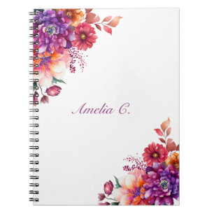 Caderno Espiral Branco Floral de Aquarela Elegante