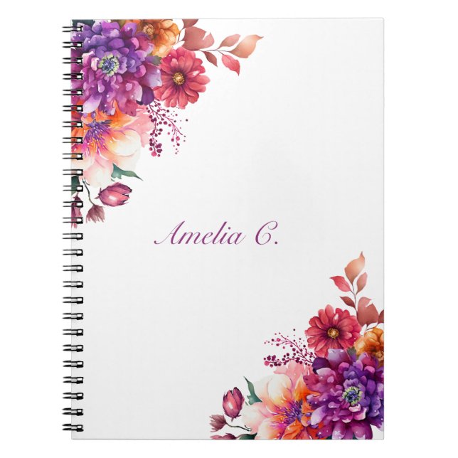 Caderno Espiral Branco Floral de Aquarela Elegante (Frente)