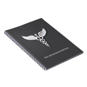 Caderno Espiral Branco Médico Detalhado Limpo Caduceu Cinza Quente