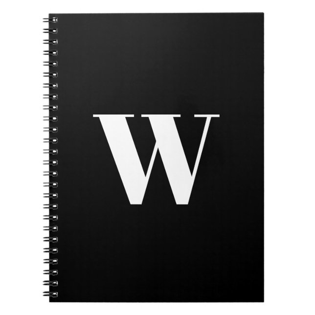 Caderno Espiral Branco preto personalizado, elegante inicial (Frente)