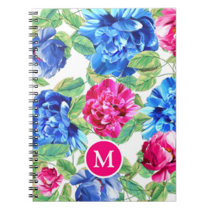 Caderno Espiral Branco Rosa e Azul Floral Bonito Monogramado