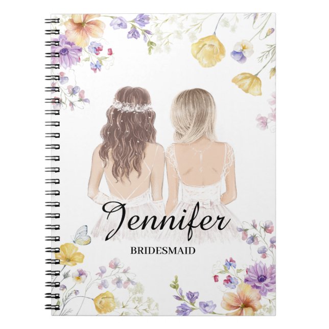 Caderno Espiral bridesmaid floral elegante com aquarela Personaliz (Frente)