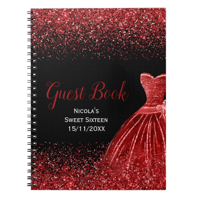 Caderno Espiral Bright Red Dress Faux Glitter Sweet 16  Guest Book (Frente)