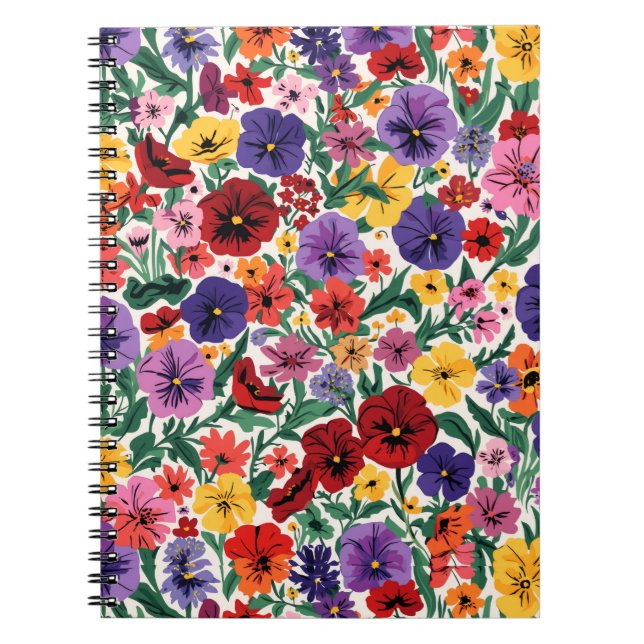 Caderno Espiral Bright Spring Pansies Floral Garden Pattern (Frente)