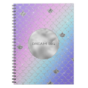 Caderno Espiral Brilhante de Sereia de Prata Rosa Roxo