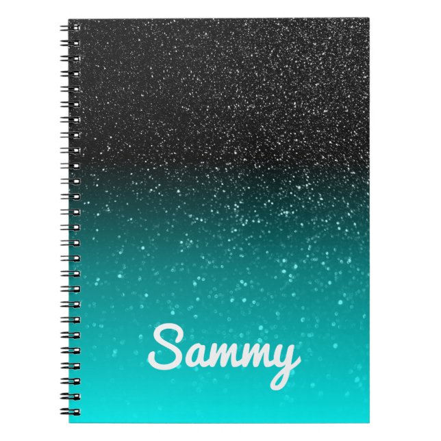 Caderno Espiral Brilhante Preto Faux e Omã Aqua Personalizados (Frente)