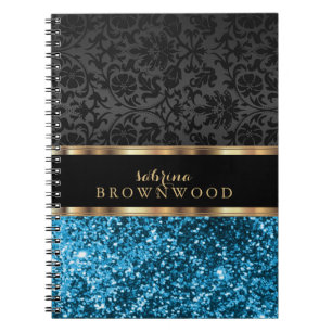 Caderno Espiral Brilho Azul e Damasco Preto