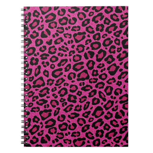 Caderno Espiral Brilho brilhante rosa-quente da pele do leopardo (Frente)