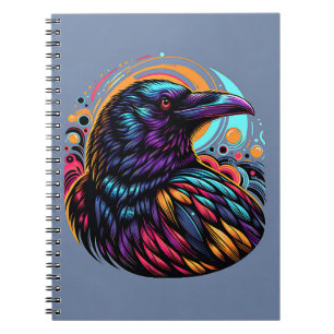 Caderno Espiral Brilho do Corvo Cósmico – Arte Abstrata de Pássaro