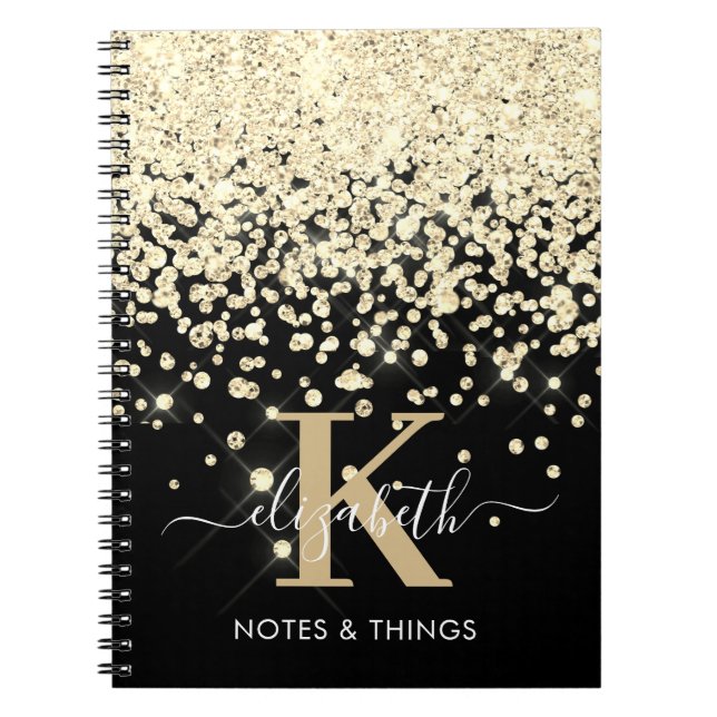 Caderno Espiral Brilho Dourado Chic Monograma Diamante (Frente)