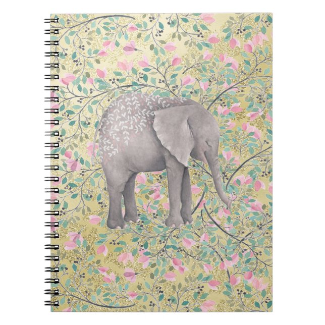 Caderno Espiral Brilho Dourado das flores do elefante da aguarela (Frente)