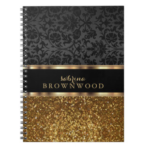 Caderno Espiral Brilho Dourado e Damasco Preto