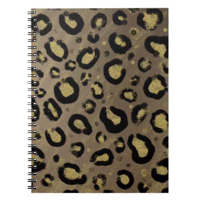 Caderno Espiral Brilho Dourado Marrom e Impressão de Leopardo e Gu (Frente)