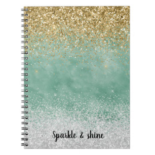 Caderno Espiral Brilho Glam Branco Menta Dourado